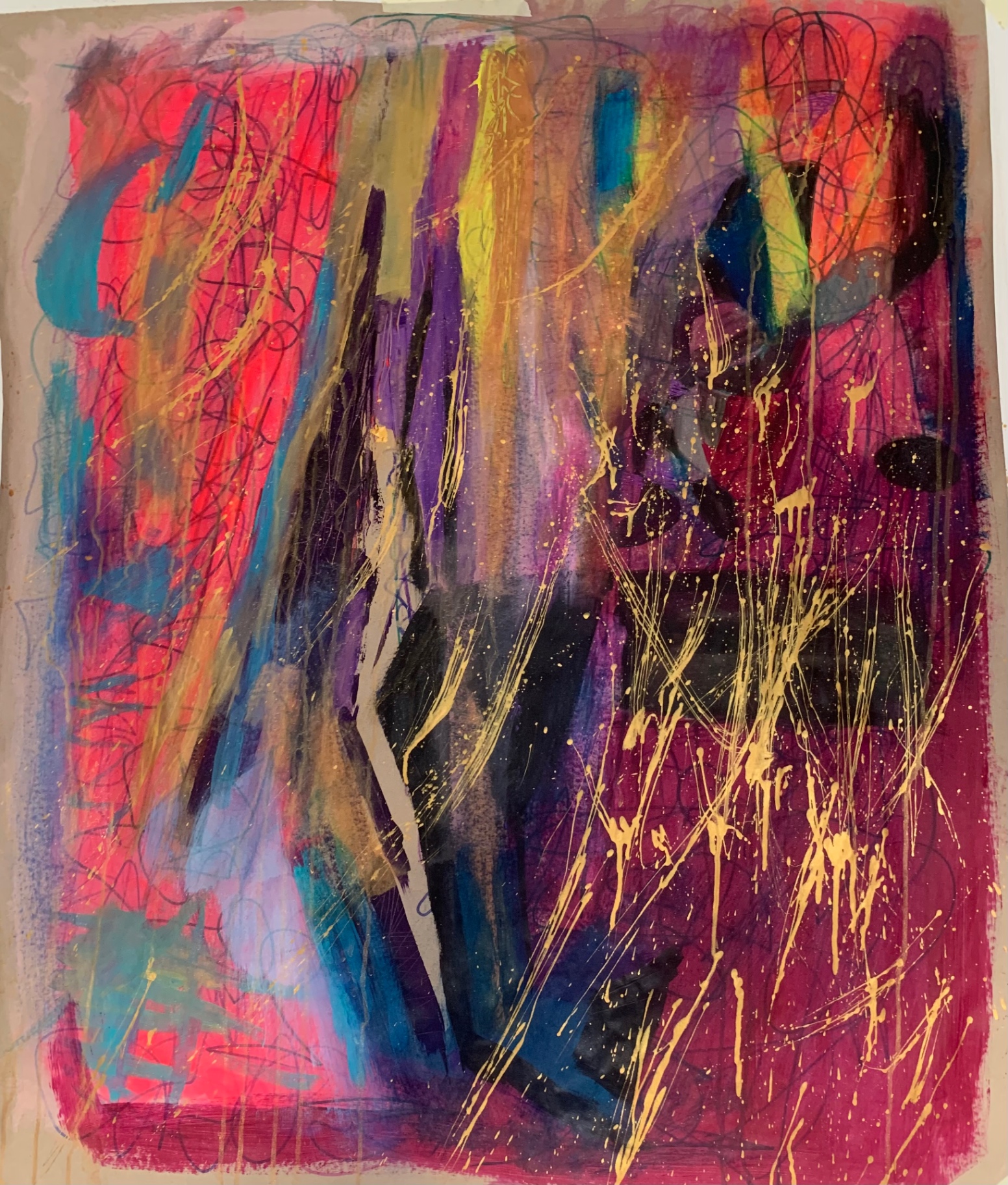 Abstract expressionist painting on brown craft paper in pinks, purples, blues and gold splatters